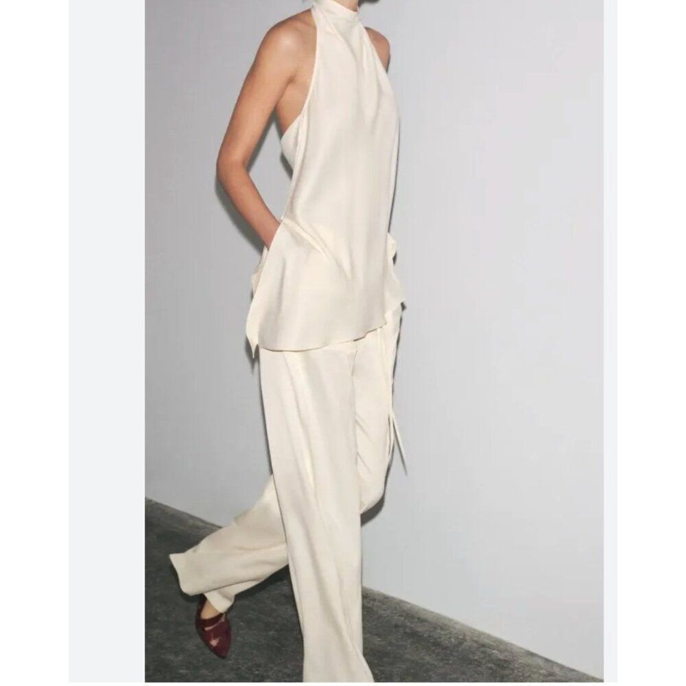 Zara Womens Wide Leg Pants trousers M Medium Ecru Drawstring Waist 2706/253 NWT